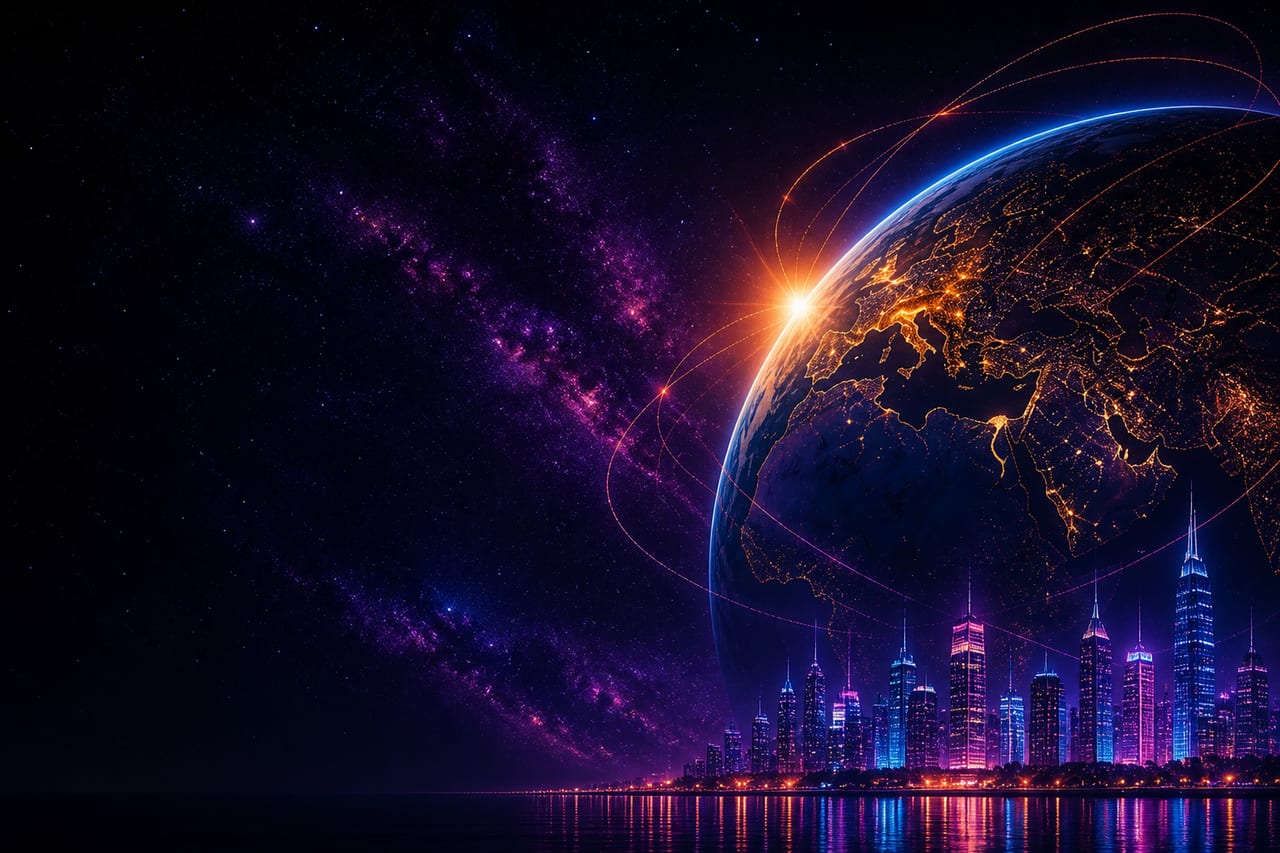 Earth from space with glowing orbital arcs and a futuristic city skyline